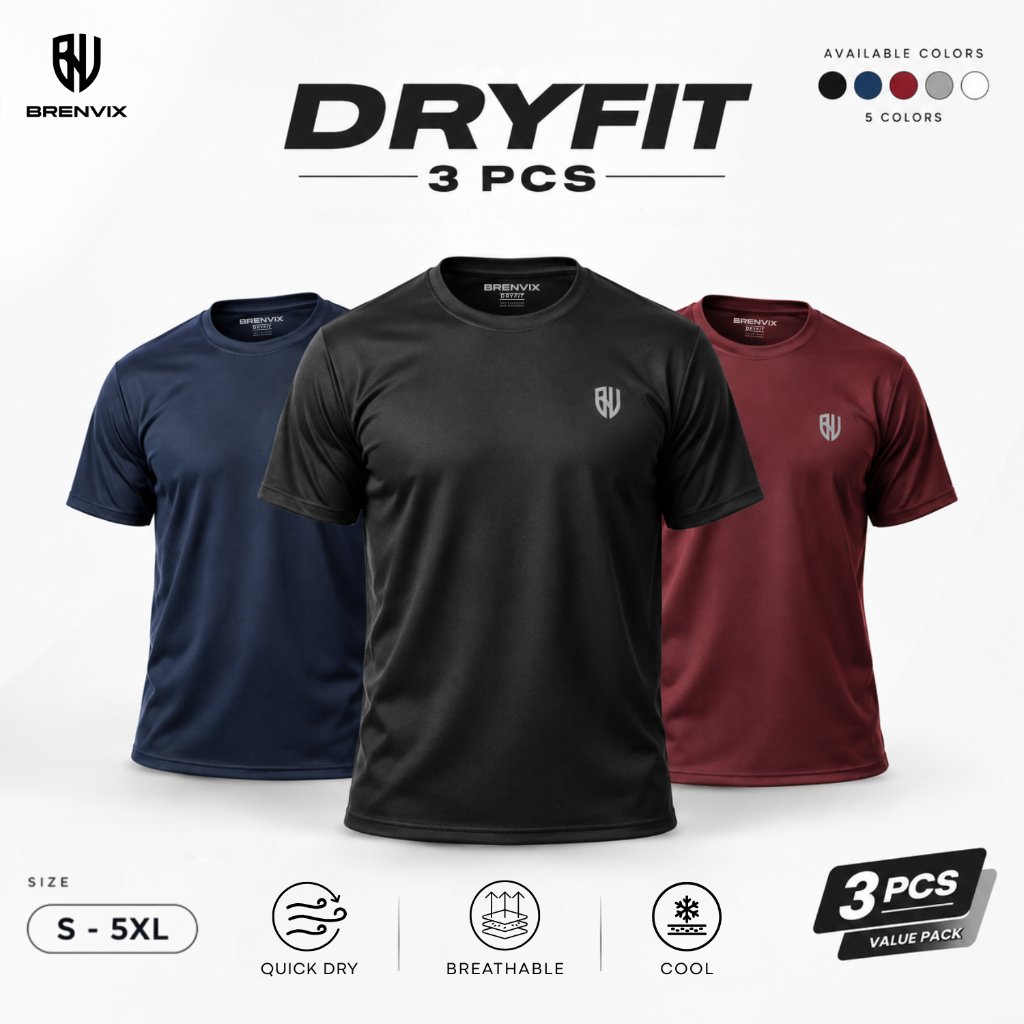Foto BRENVIX BRENVIX Paket 3Pcs Kaos Olahraga Dry Fit Pria Wanita Lengan
