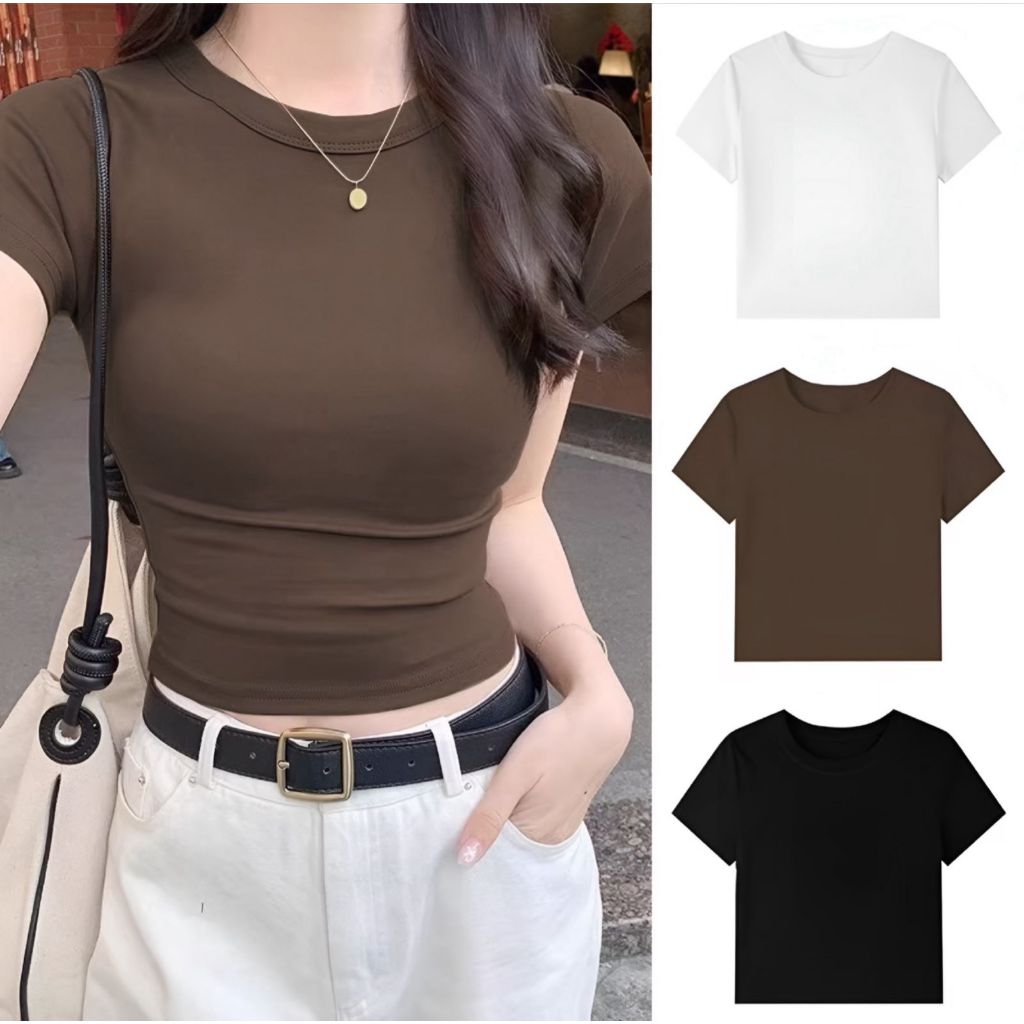 Foto Oliivea Kaos wanita Crop Top Korea cotton strech Crop Top Korean