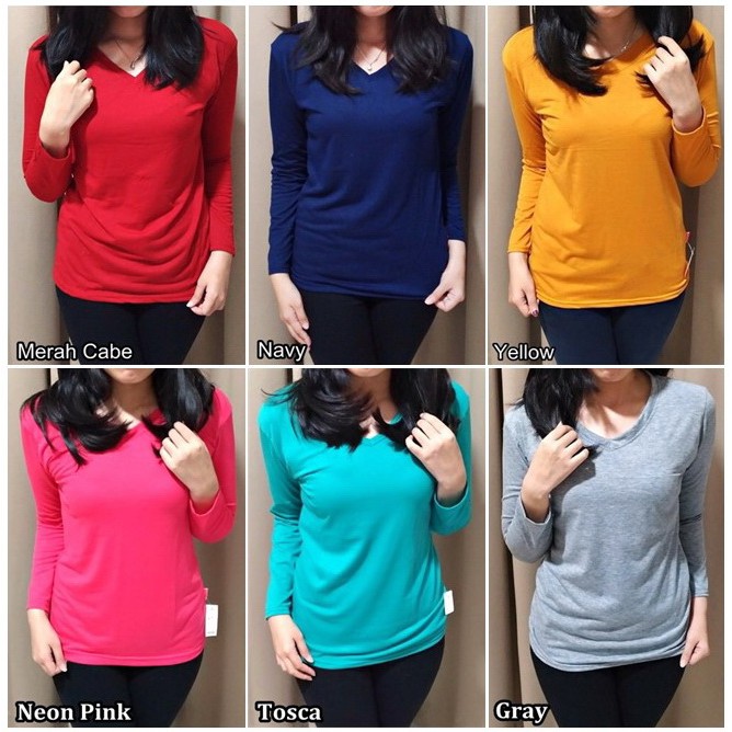 Foto RainBow Collection V-NECK Lengan Panjang /Kaos Oblong Polos Basic